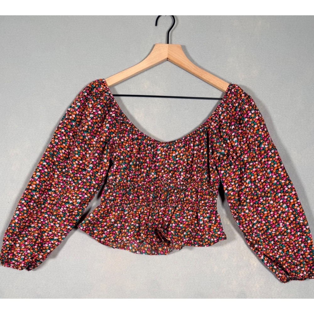 Zara Womens Ditsy Floral Smocked Peplum Crop Top Off Shoulder Blouse Cottagecore